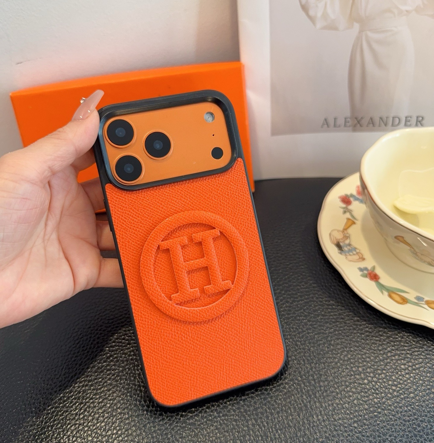 Hermès Signature Orange Embossed H Logo Leather Phone Case