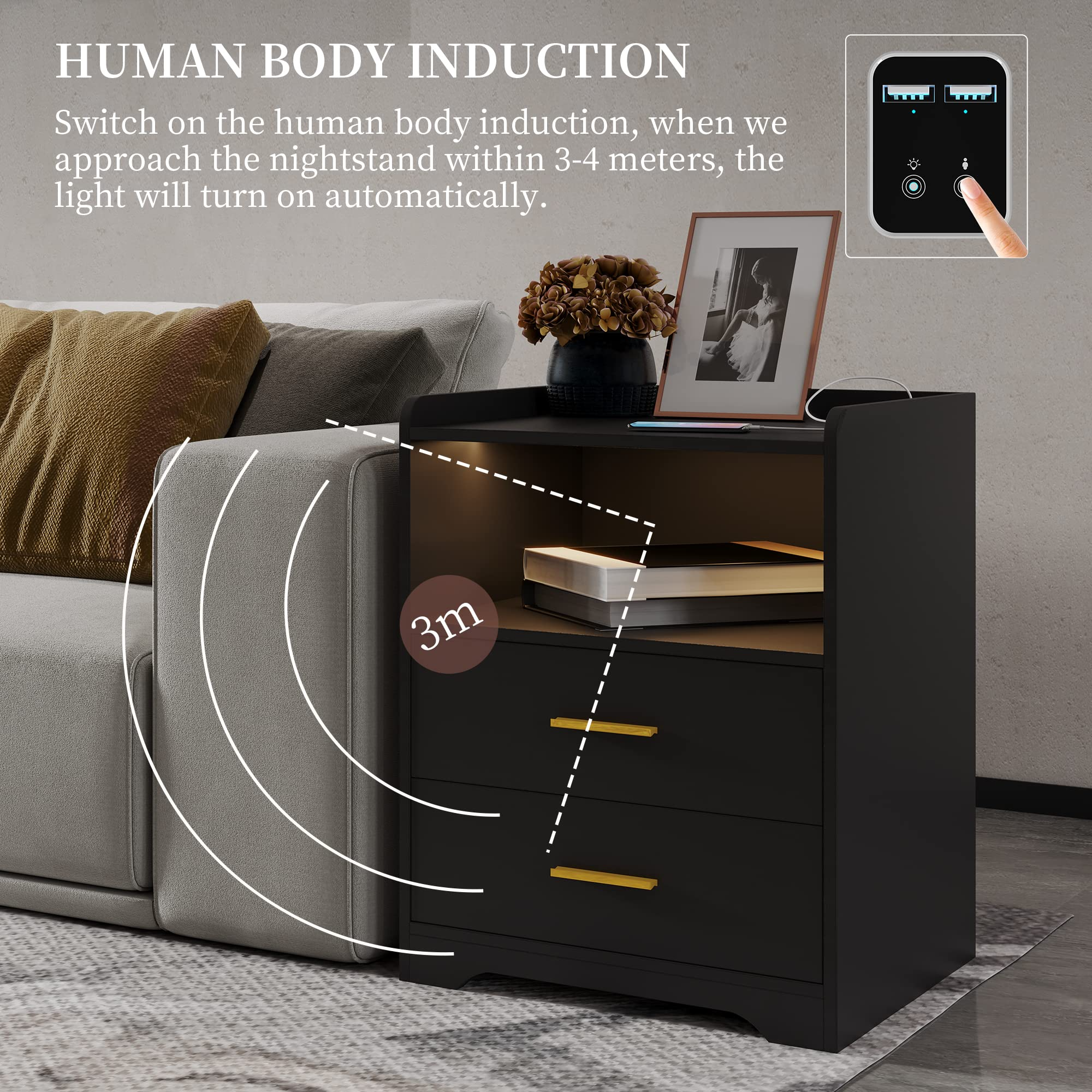 Black Nightstand with Charging Station