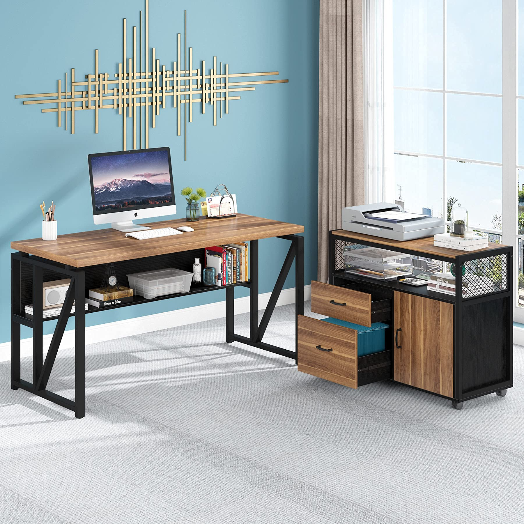 L Shaped Desk with Drawer Cabinet