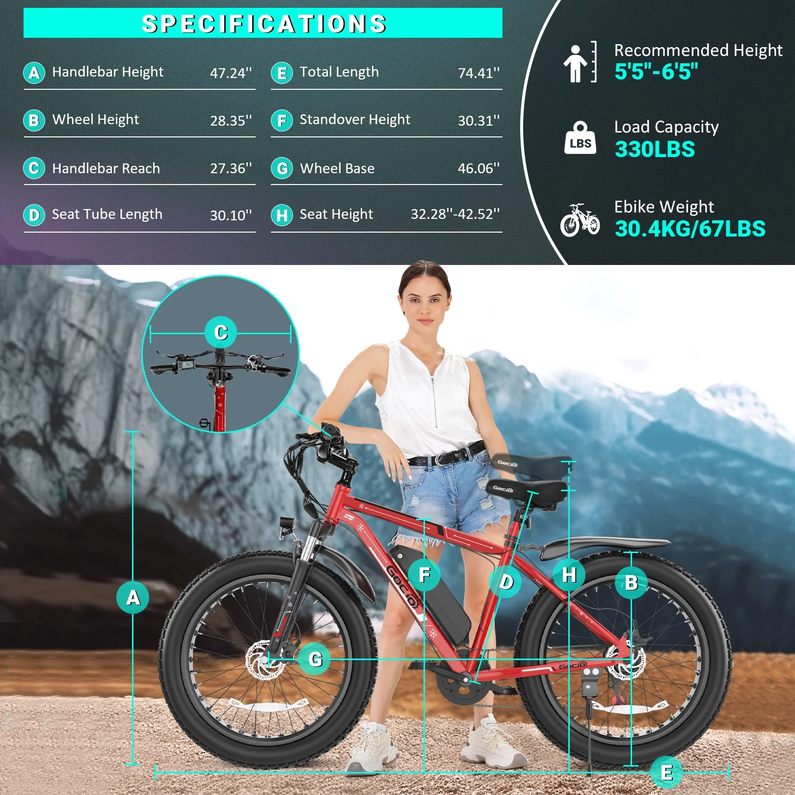 Gocio 26in Fat Tire Electric Mountain Bike, 500W, 48V 13Ah