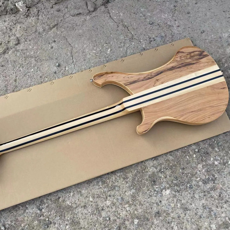 Through Body Electric Bass Guitar Spalted Maple Chrome Parts Fixed Bridge Top