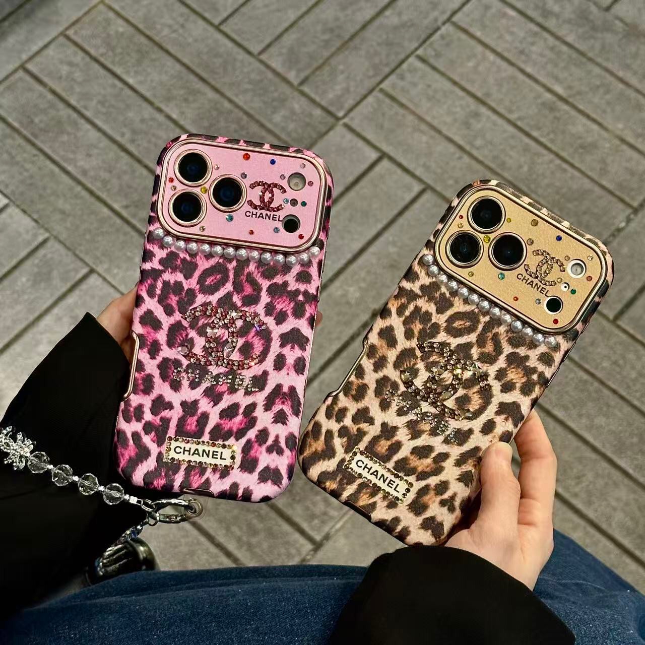 Leopard Print Rhinestone CC Logo Pearl Trim Luxury Shockproof iPhone Case With Crystal Wrist Chain