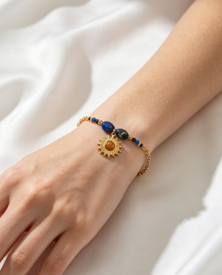 Natural Lapis Lazuli Sun Pendant Bracelet | Gold Plated Stackable Chain Bracelet