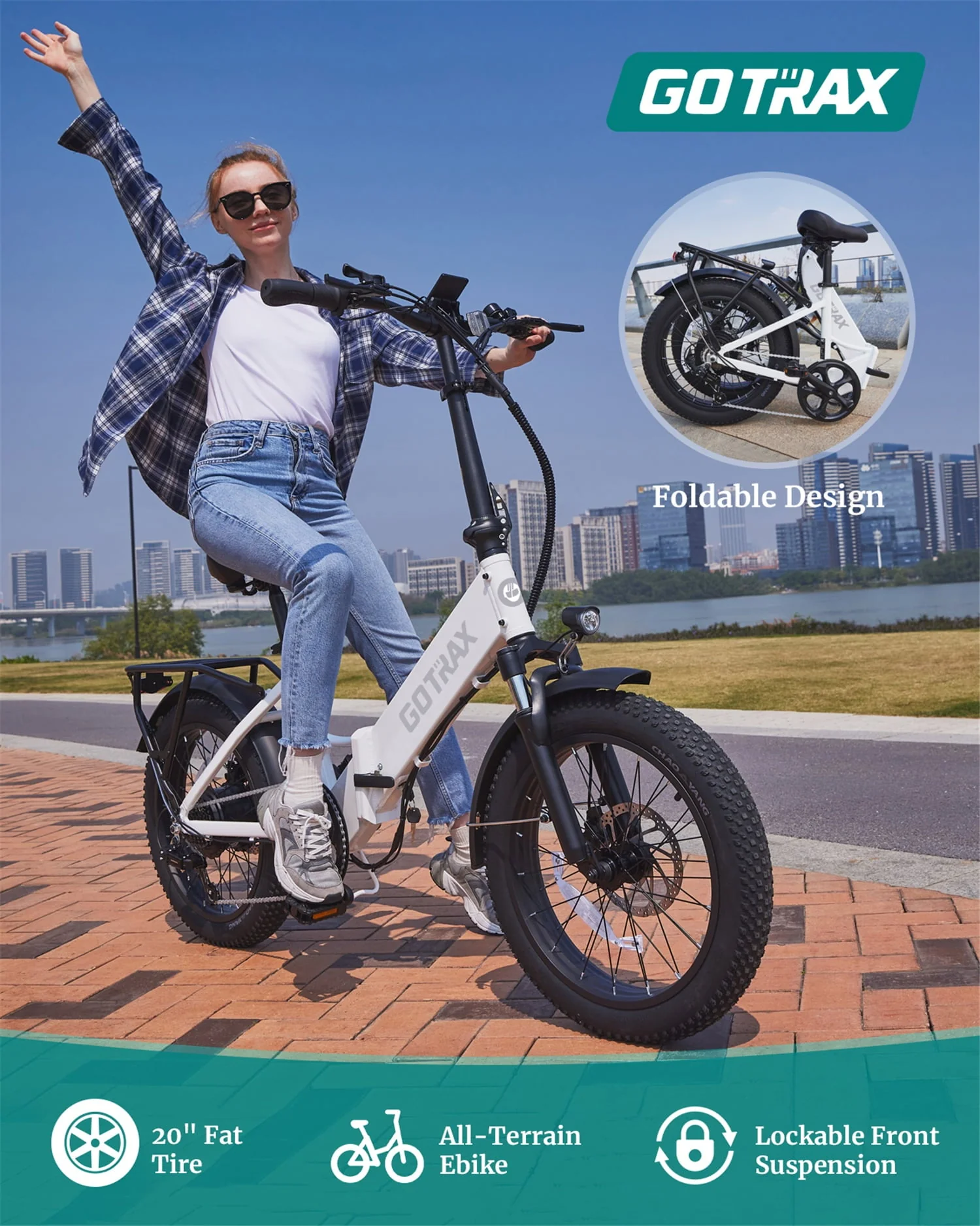 F2 20in Folding Fat Tire Electric Bike, 500W, 48V, White