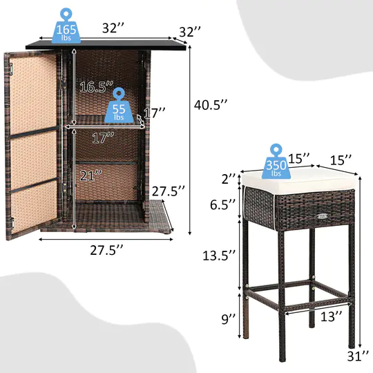 Patiojoy 5PCS Patio Rattan Bar Table Stool Set Hidden Storage