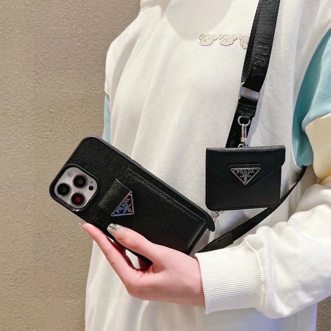 Prada Style Crossbody Wallet Phone Case with Mini Bag Lanyard