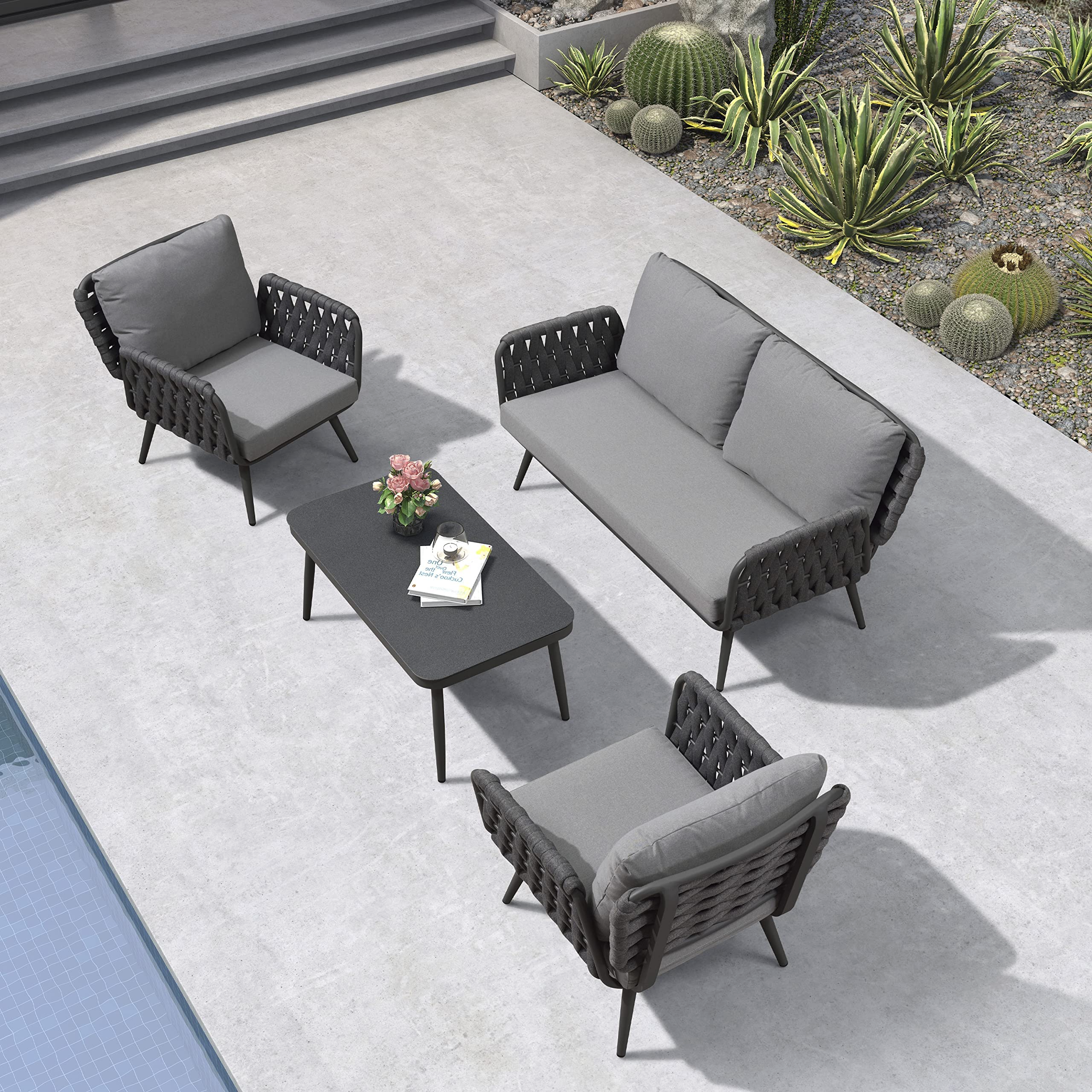 Patio Conversation Set 4 Pcs Aluminum Frame Rope Furniture with