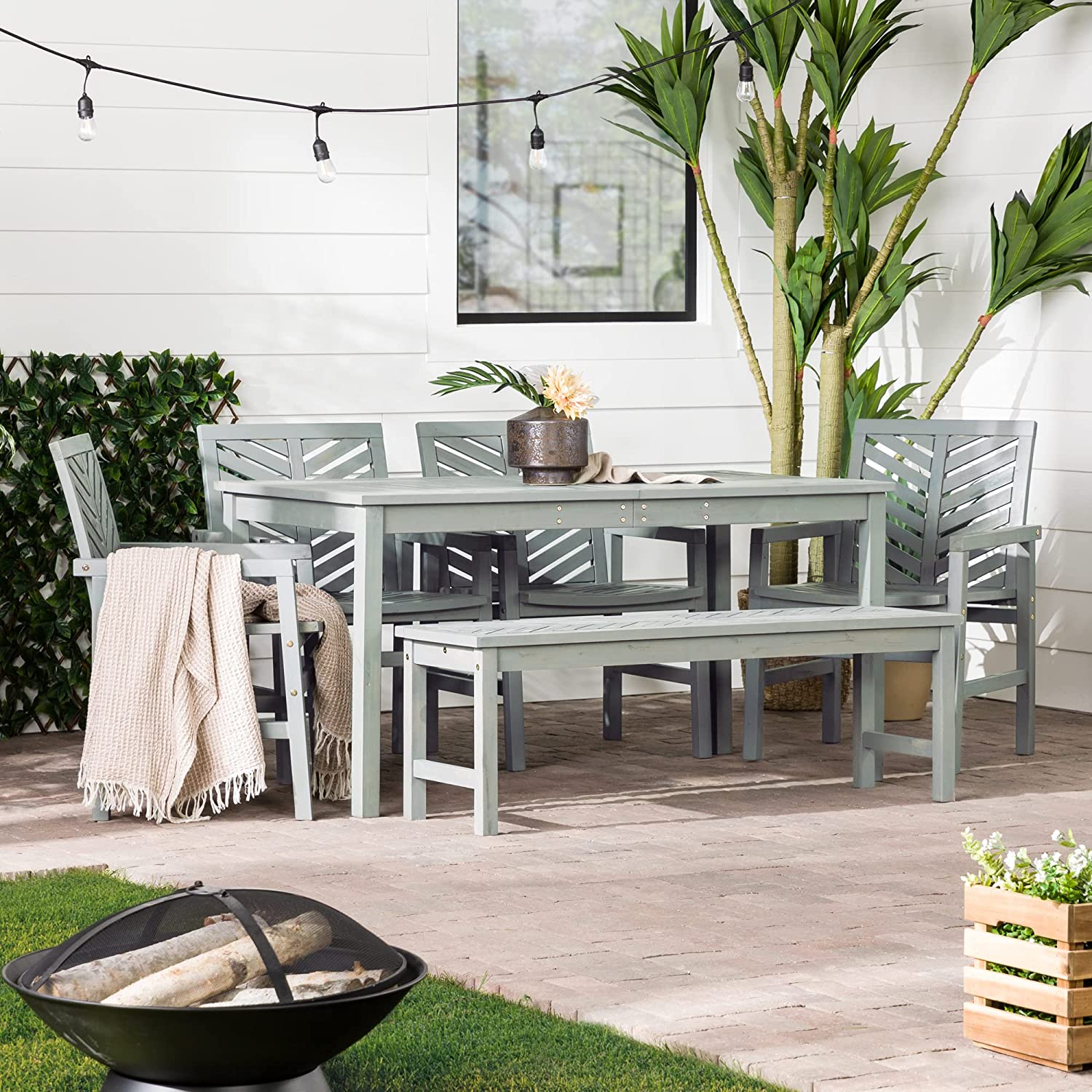 7 Person Wood Chevron Patio Furniture Dining Set