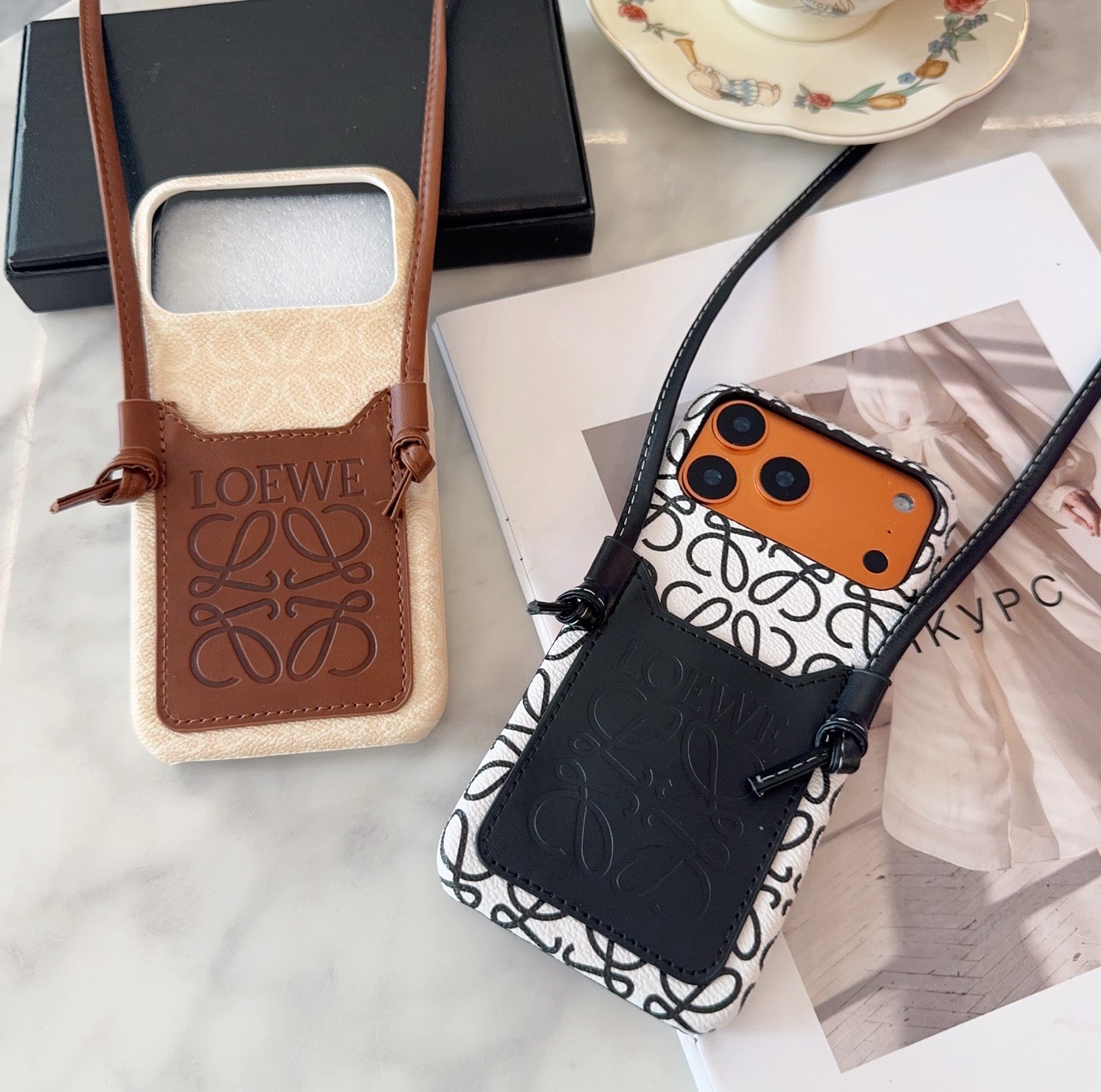 Loewe Style Anagram Embossed Card Holder Crossbody Phone Case