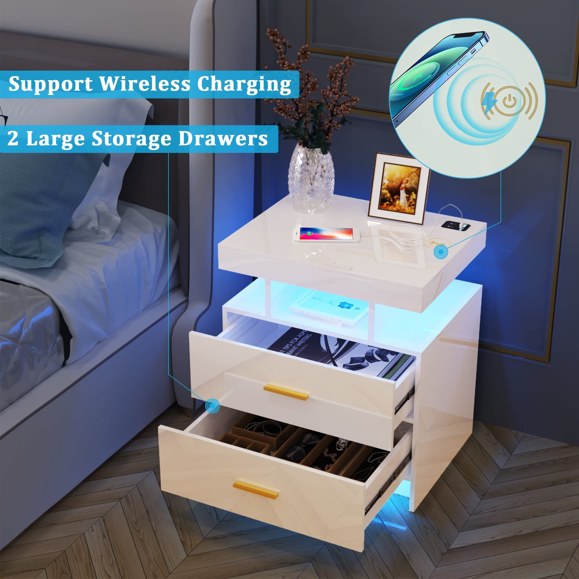 LED White Nightstand with 3 Colors Adjustable 2 USB Ports and