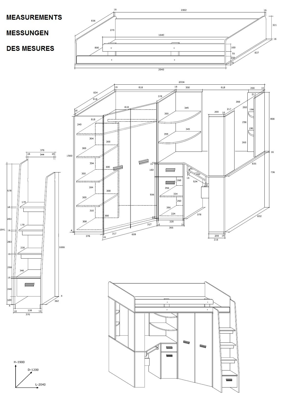 High Sleeper/Bunk Bed - All In 1 Right or Left Hand-side Stairs