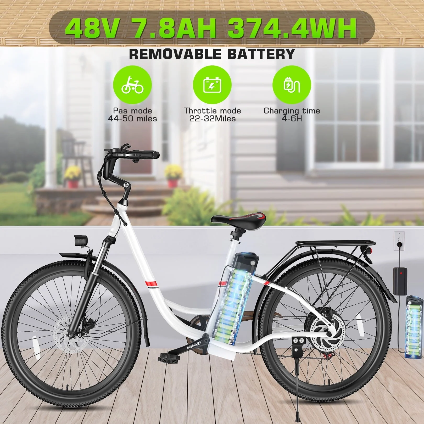 Elifine 26in Low-Step Electric Cruiser Bike, 500W, 48V 7.8Ah