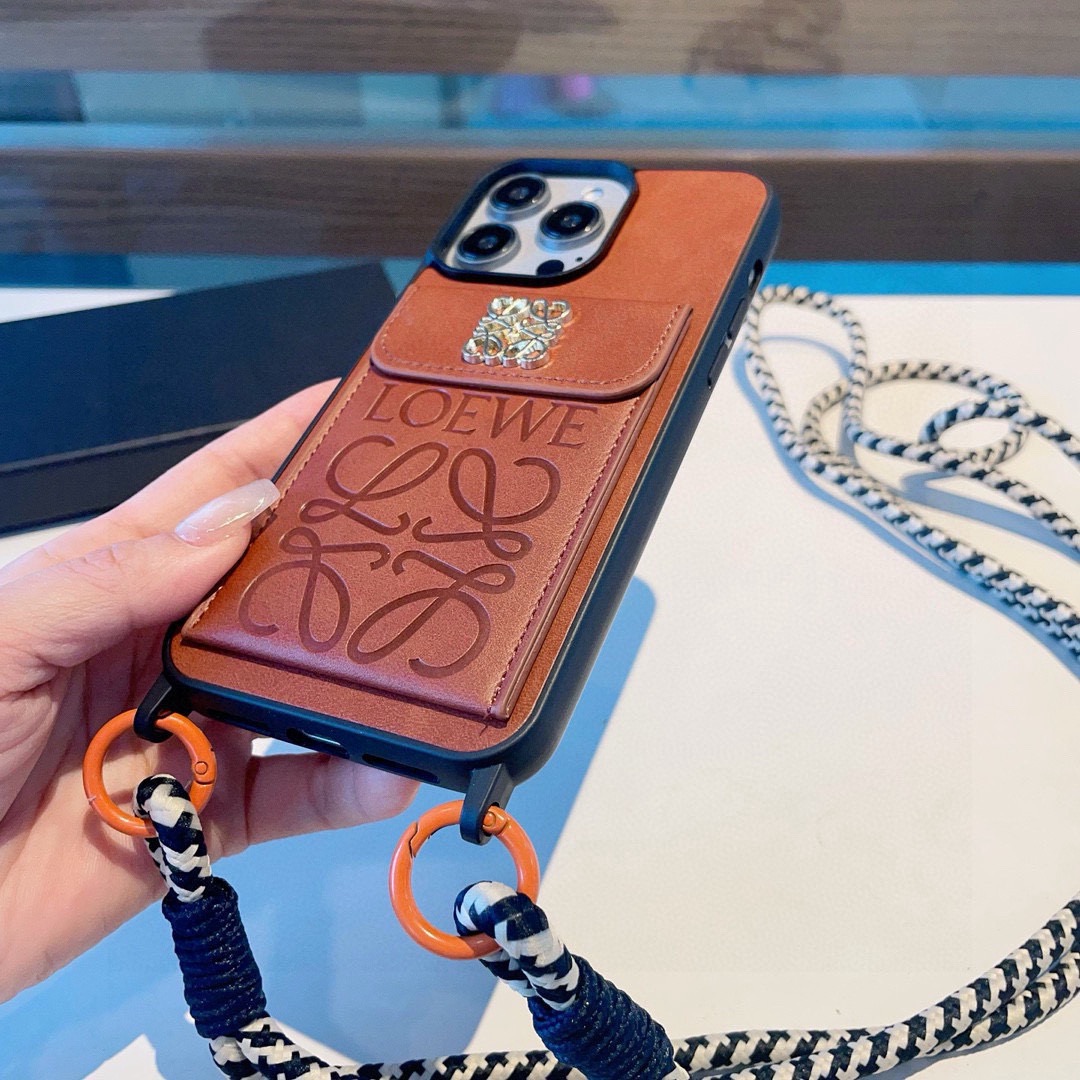 Loewe Style Leather Card Holder Phone Case with Crossbody Woven Strap