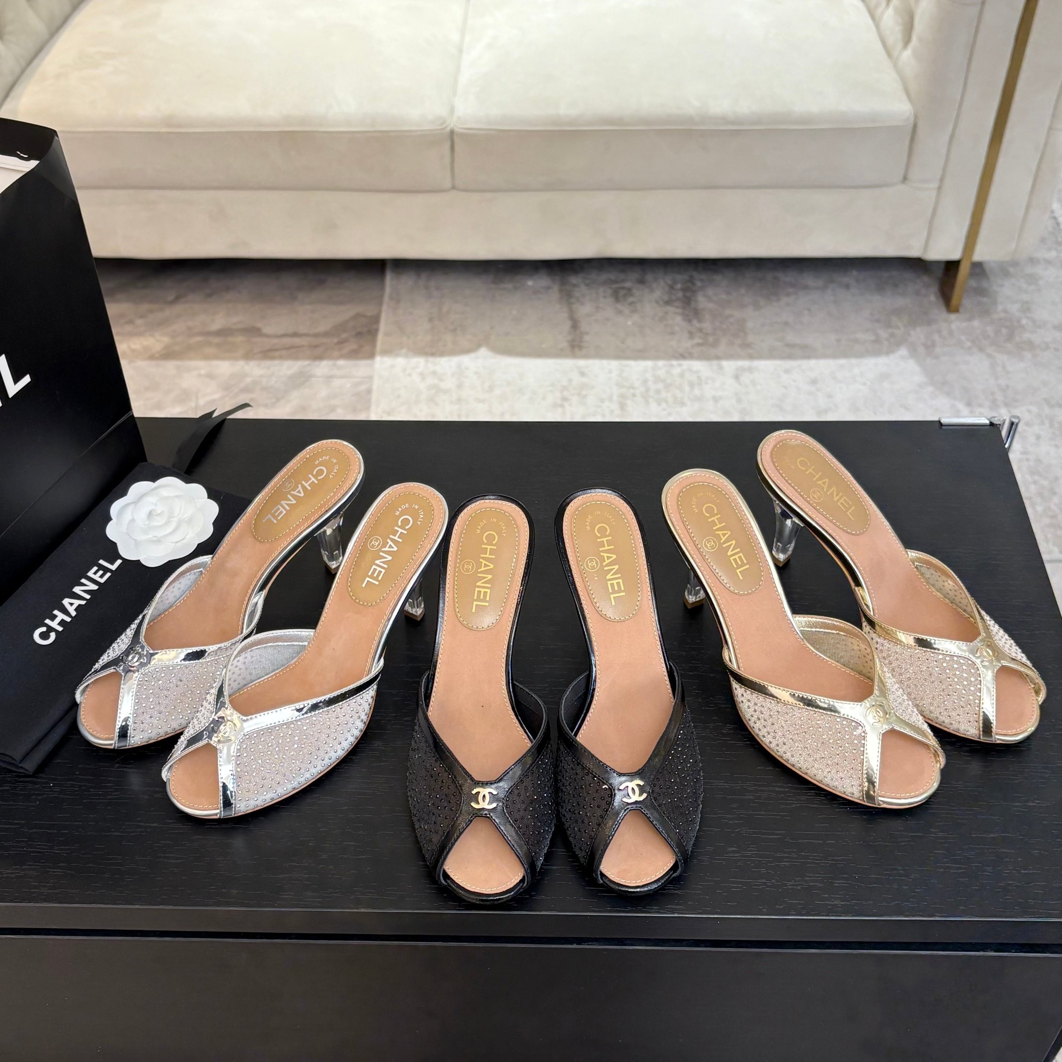 Chanel Net mesh lace high-heeled slippers