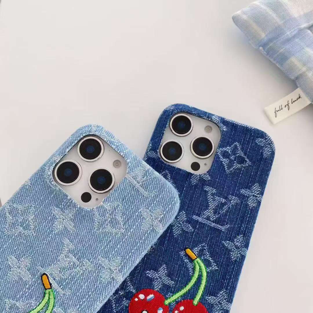 Vintage Denim Fabric Phone Case With Cute Embroidery Cherry Pattern For iPhone Series