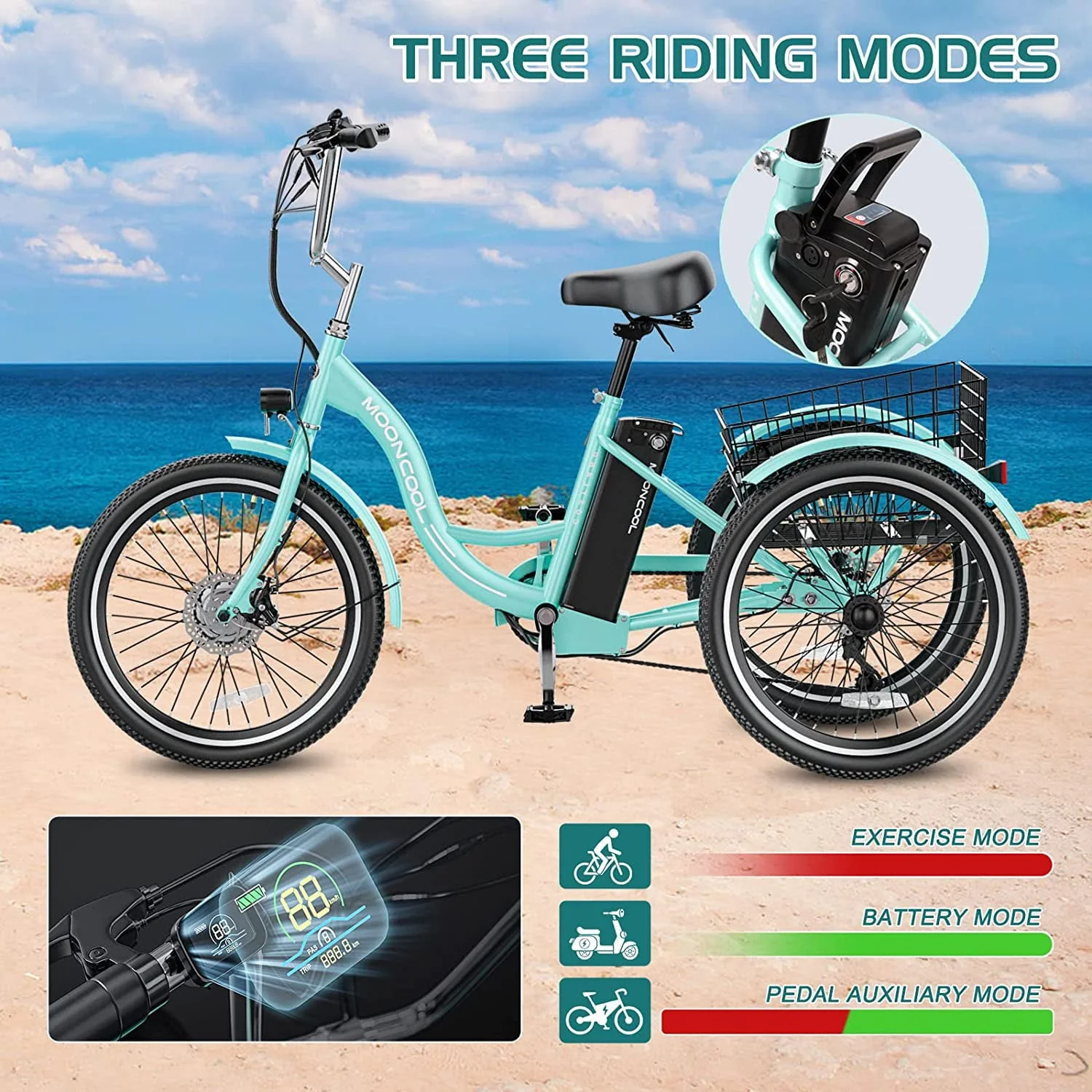 ABORON 3-Wheel Electric Tricycle with Basket, 350W, 36V 10Ah