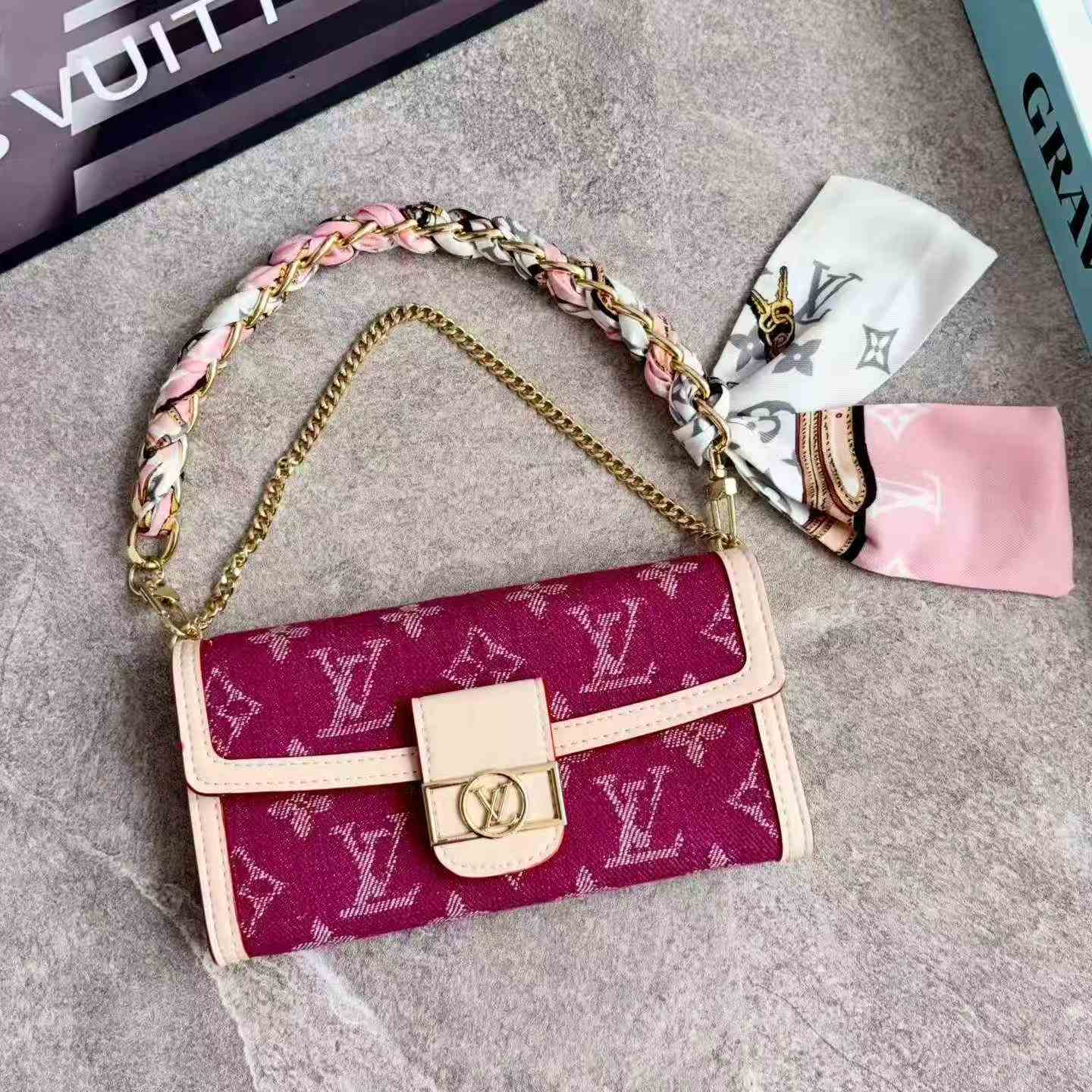 LV Monogram Baguette Shoulder Bag Mini Flap Handbag With Silk Scarf Chain Strap