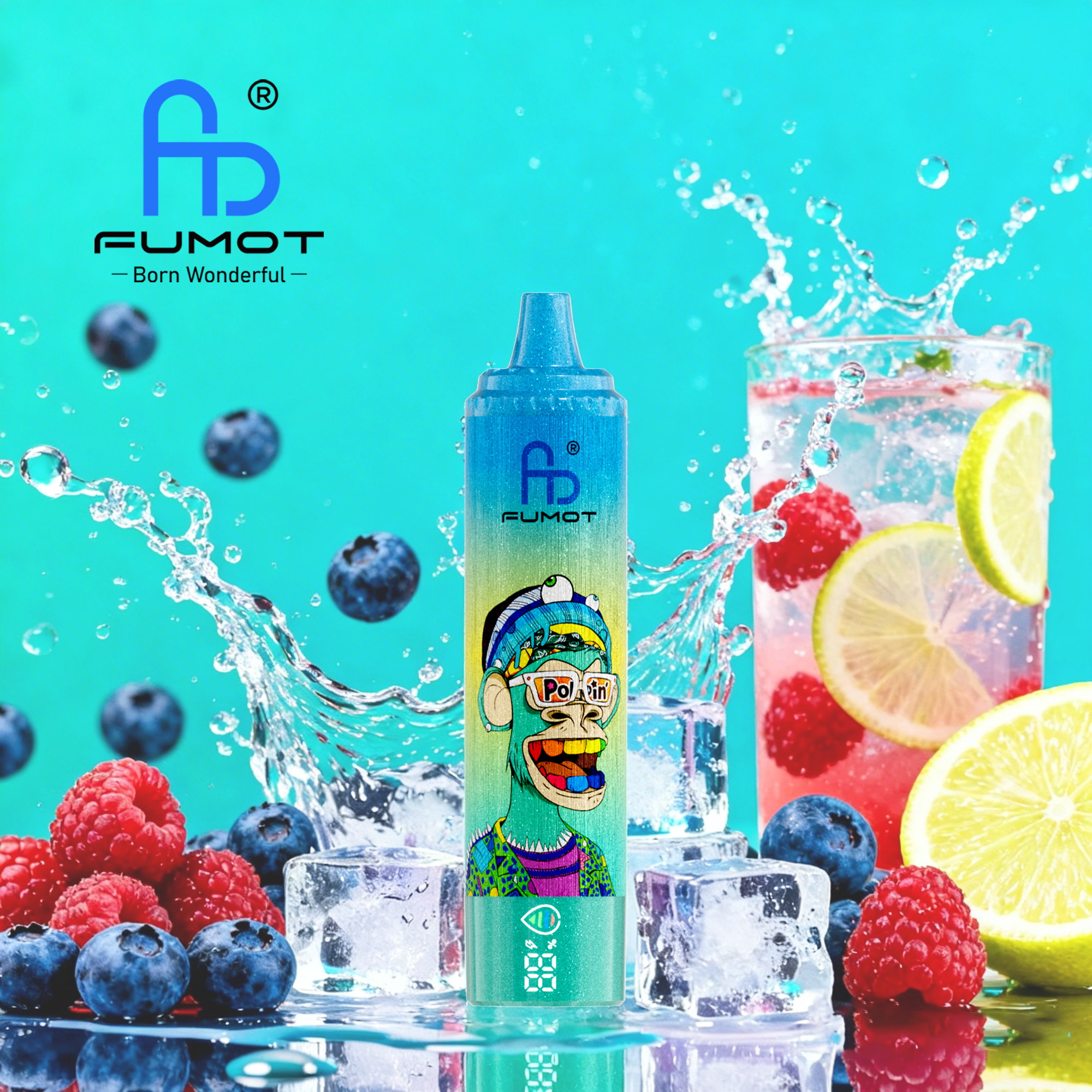 Fumot electronic cigarette in blueberry flavor, portable and sleek vape device designed for modern vaping enthusiasts, compact and ergonomic, suitable for both beginners and experienced users, rechargeable with long-lasting battery, stylish street-style design, ideal for indoor and outdoor use, vibrant urban skatepark background, subtle natural sunlight highlighting metallic finish, soft ambient mist rising from device mouthpiece, safe and high-quality materials, premium vaping experience, perfect for lifestyle and casual vaping, easy to carry during travel, ideal gift for vape lovers, top-rated pod system and e-cigarette, reliable and enjoyable fruit flavor vaping, tailored for Germany and Netherlands market, contemporary aesthetic appealing to youth, smooth airflow, visually appealing design, real-life lifestyle scenario, showcasing latest model features and advanced technology