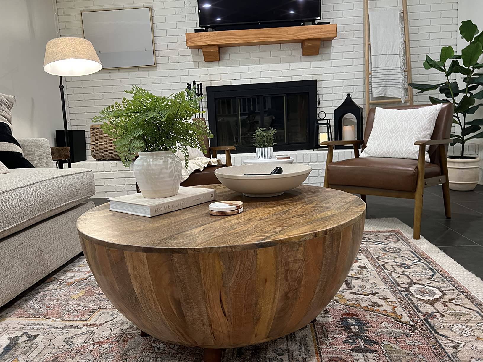 Drum Shape Wooden Coffee Table with Plank Design Base