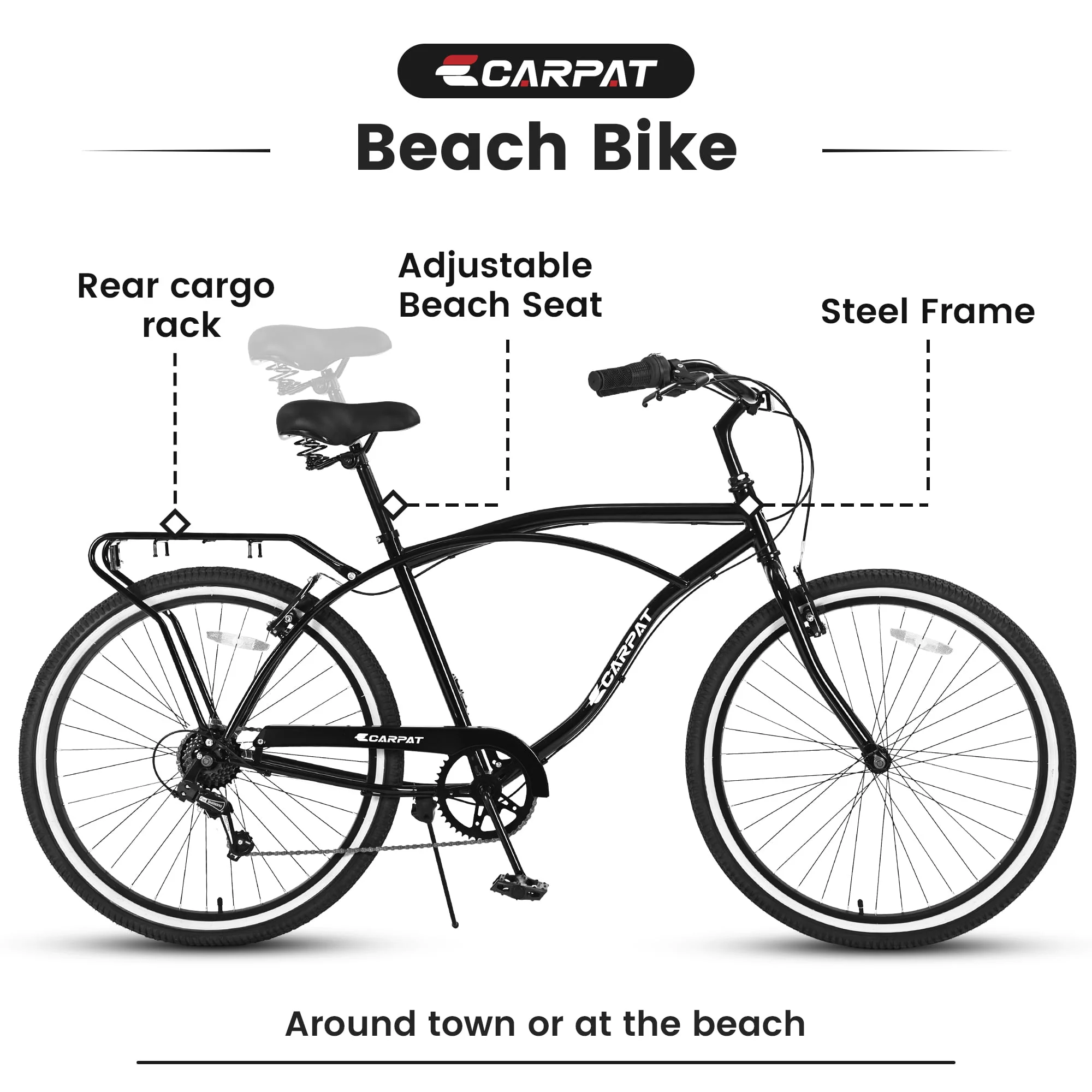 26in Beach Cruiser Bicycle, 7-Speed, Black