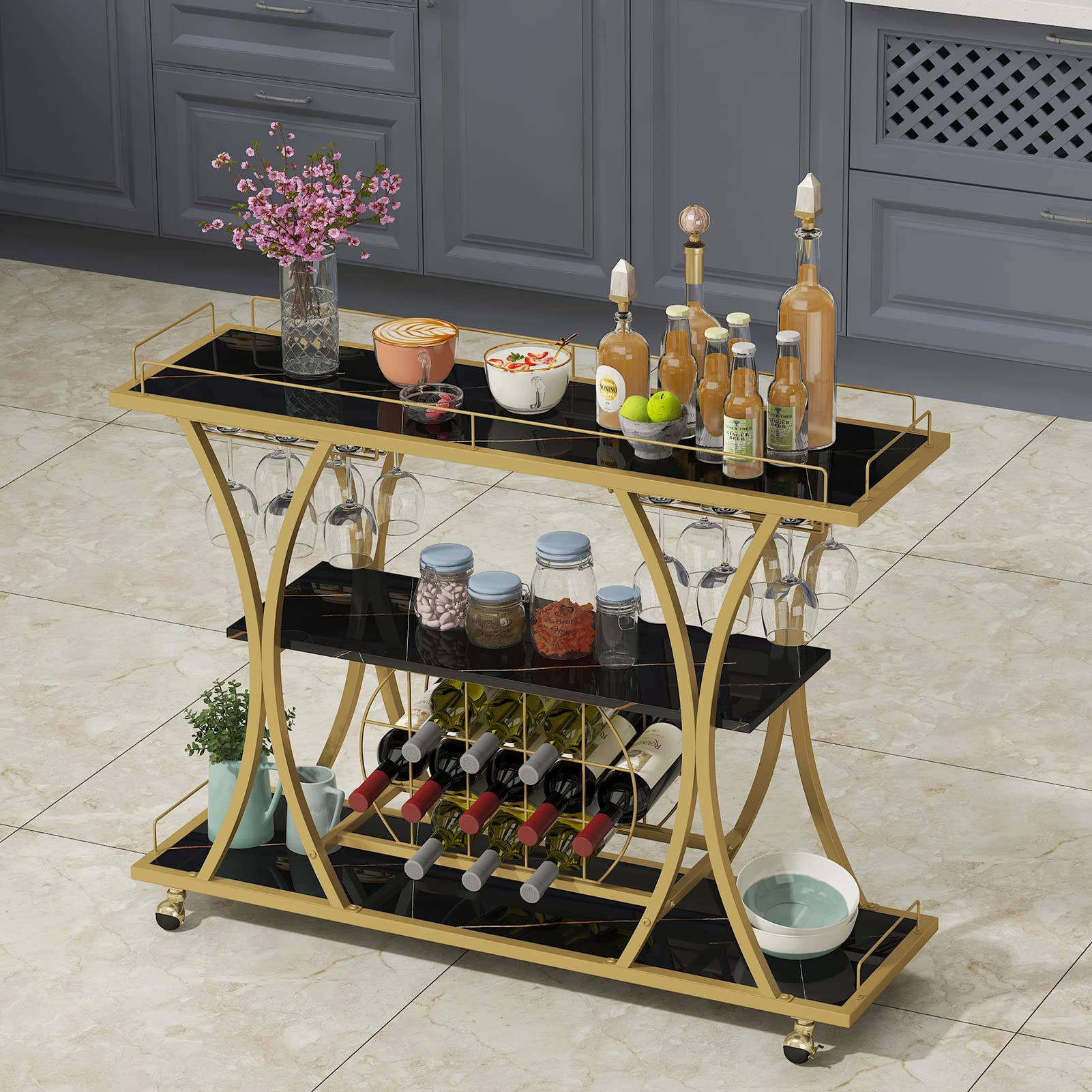 Bar Serving Cart with Glass Holder and Wine Rack