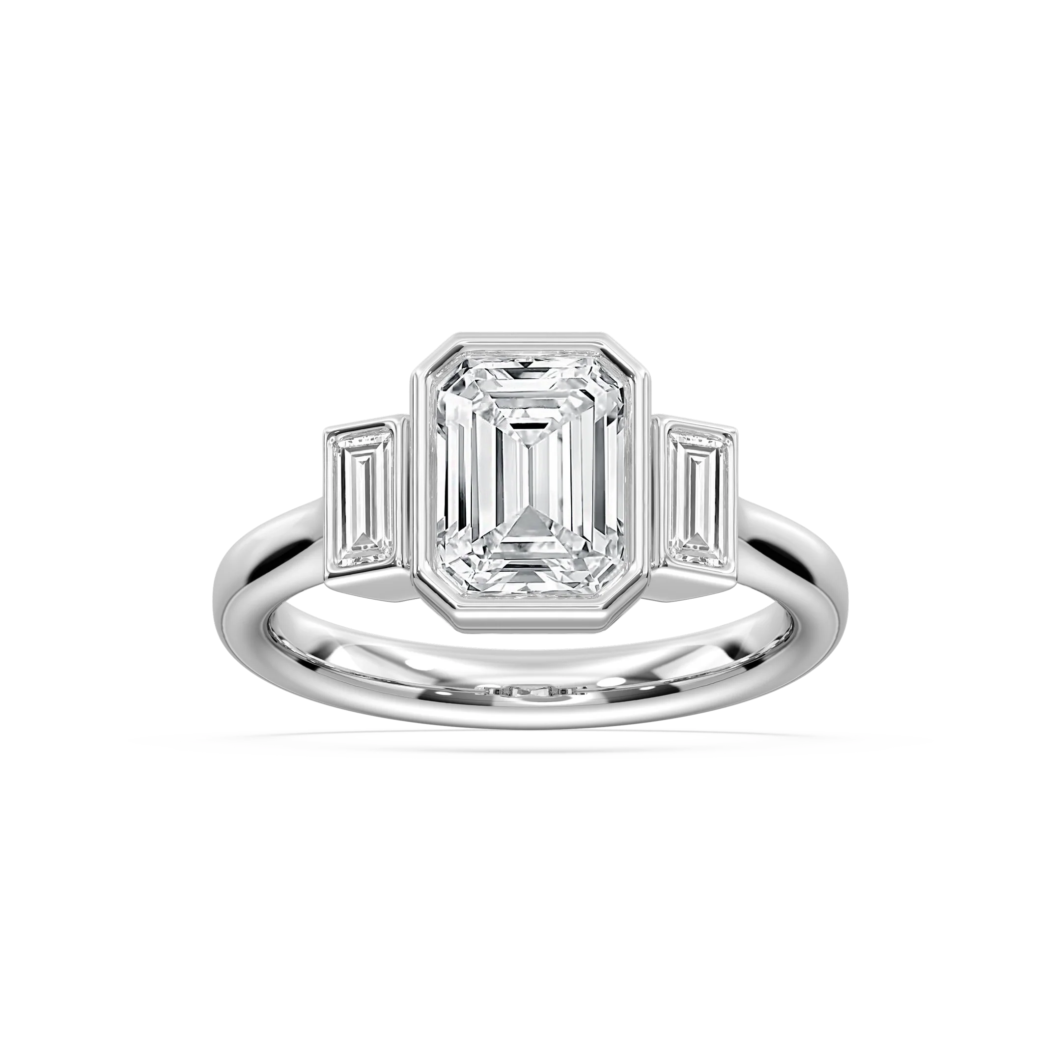 Imara 2 ½ ctw Emerald Lab Grown Diamond Bezel Set Three Stone Engagement Ring