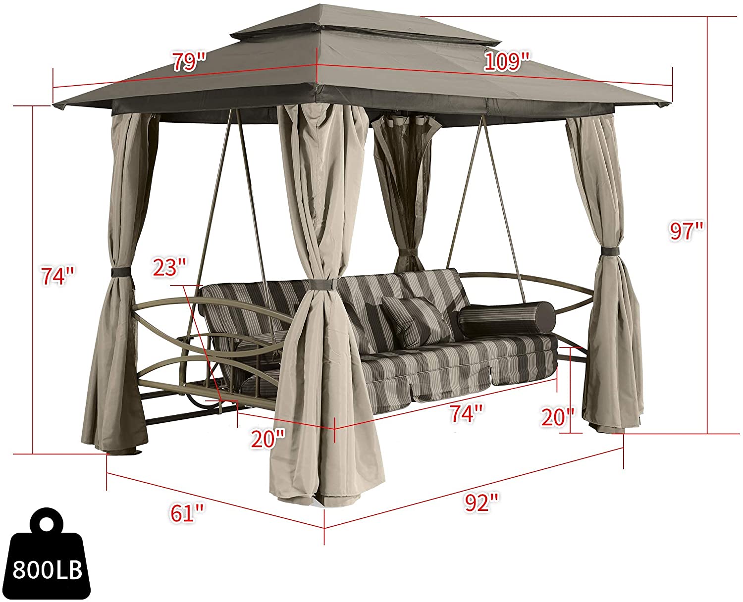 3 Person Patio Porch Swing Gazebo with Netting & Gazebo Curtains