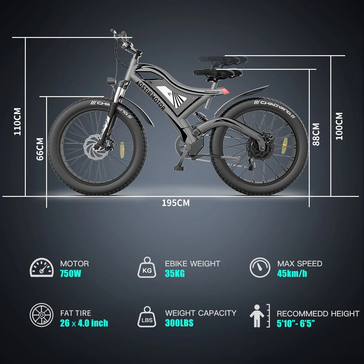 Aostirmotor 26in Fat Tire Electric Mountain Bike, 750W, 48V 15Ah