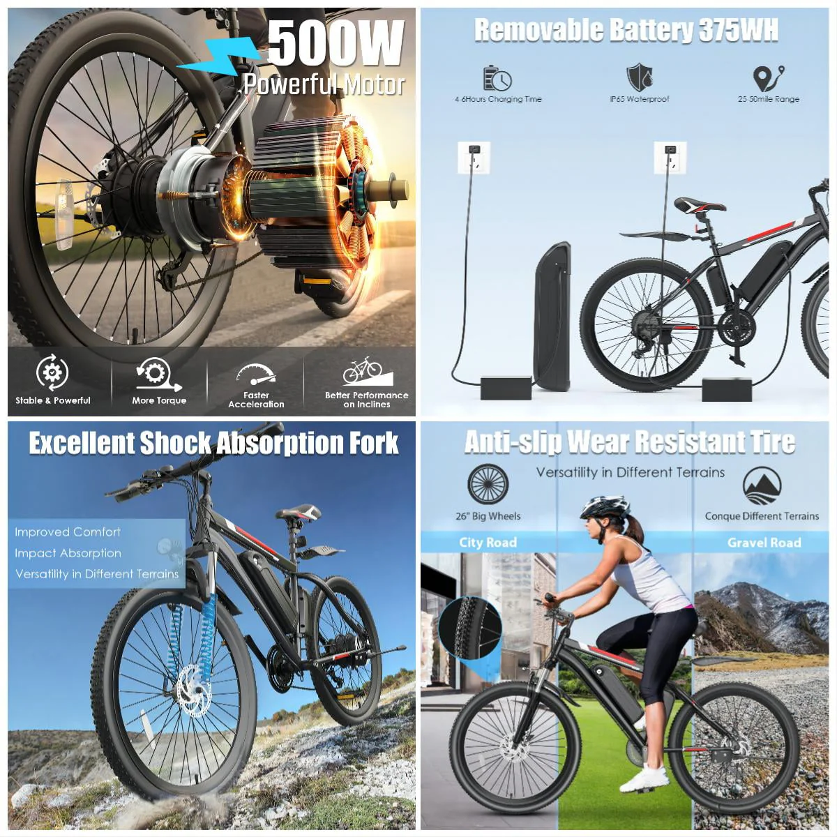 Elifine 26in Electric Mountain Bike, 500W, 48V 7.8Ah