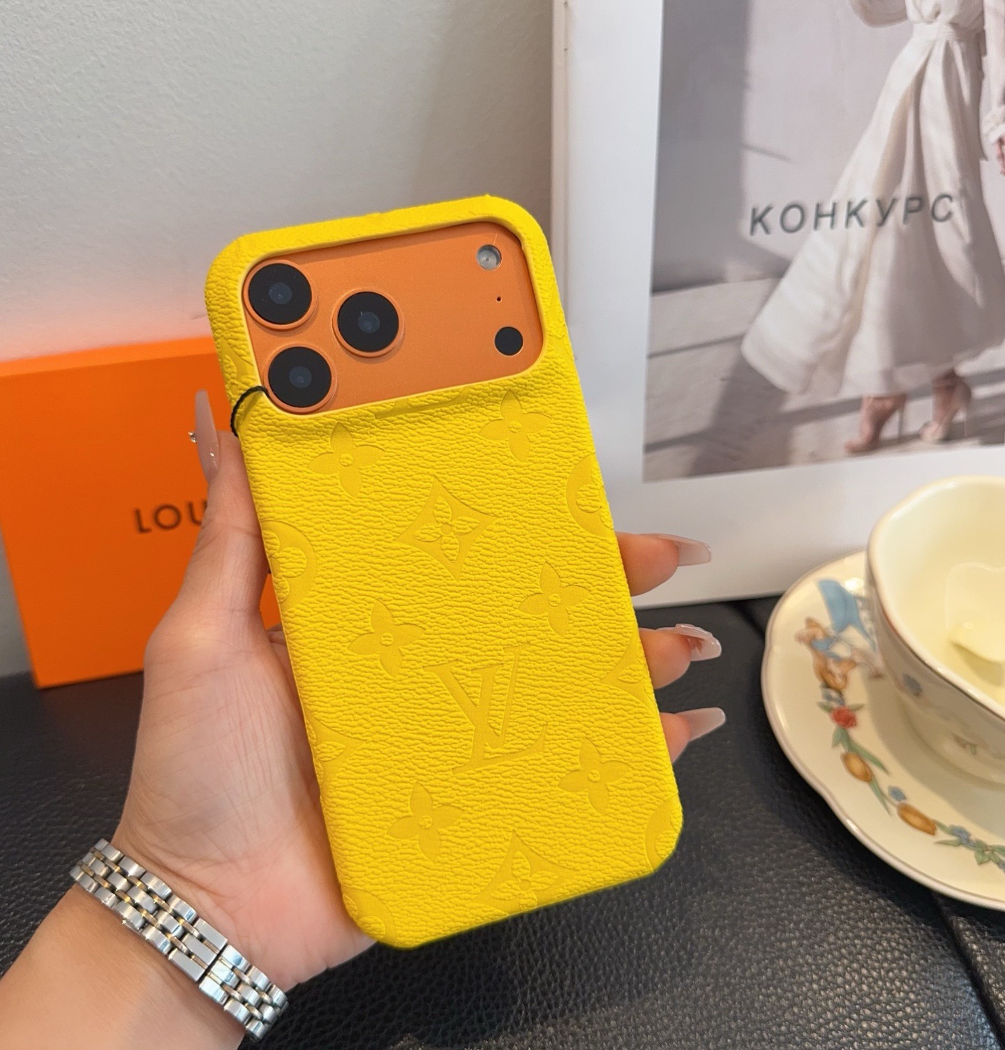 Louis Vuitton Style Embossed Monogram Leather Slim Phone Case