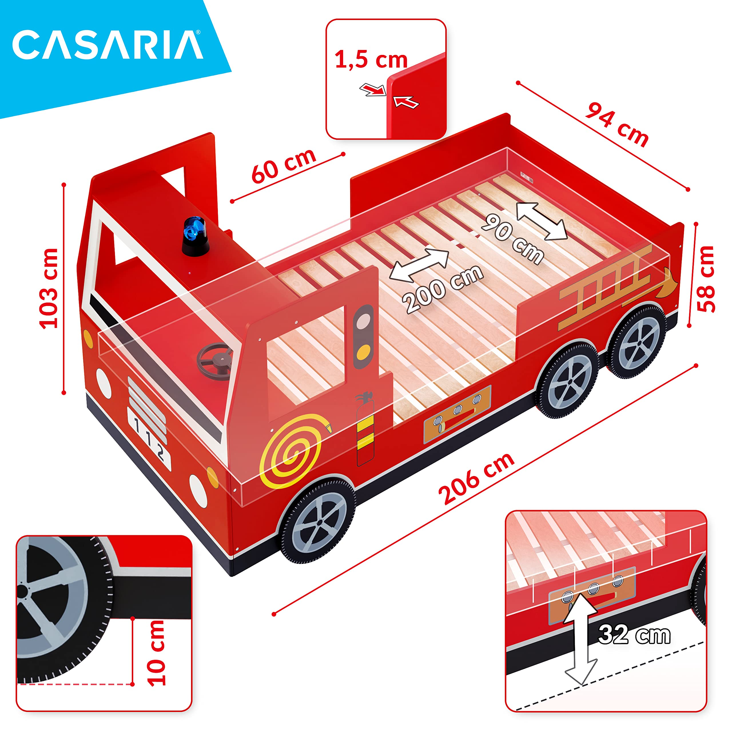 Children's Bed Frame Red Fire Truck Imitation Kids Bed Car