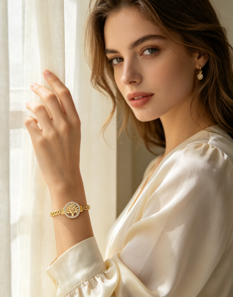 Luxury Gold Tree of Life Crystal Bracelet Watch Women Elegant Stainless Steel Dress Wrist Jewelry Watch