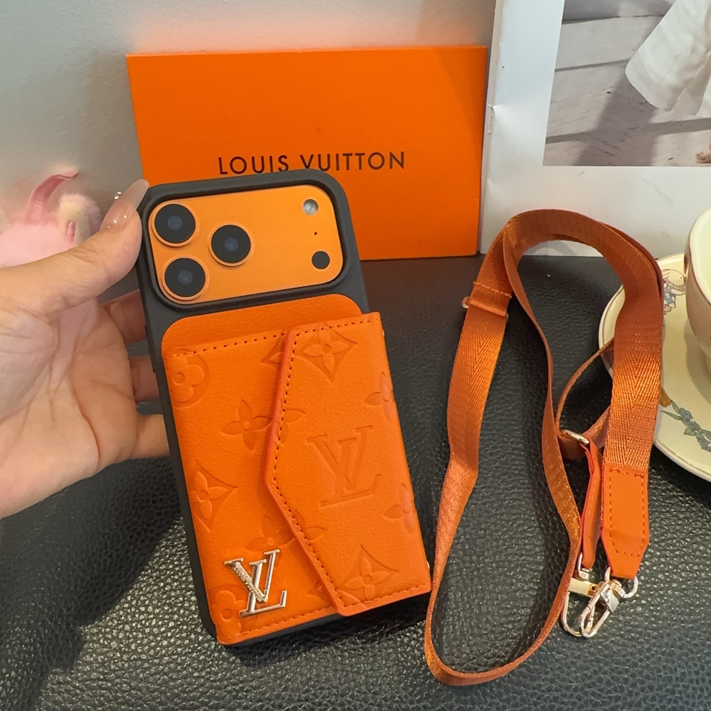Louis Vuitton Embossed Monogram Card Holder Crossbody Strap Luxury Phone Case