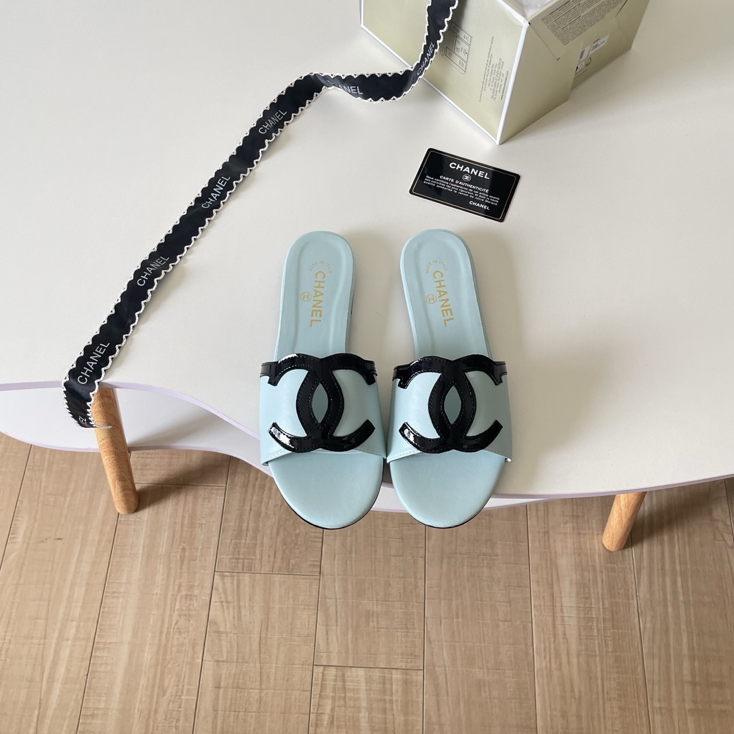 Chanel Contrast Logo Slide Sandals - Black and White & Light Blue