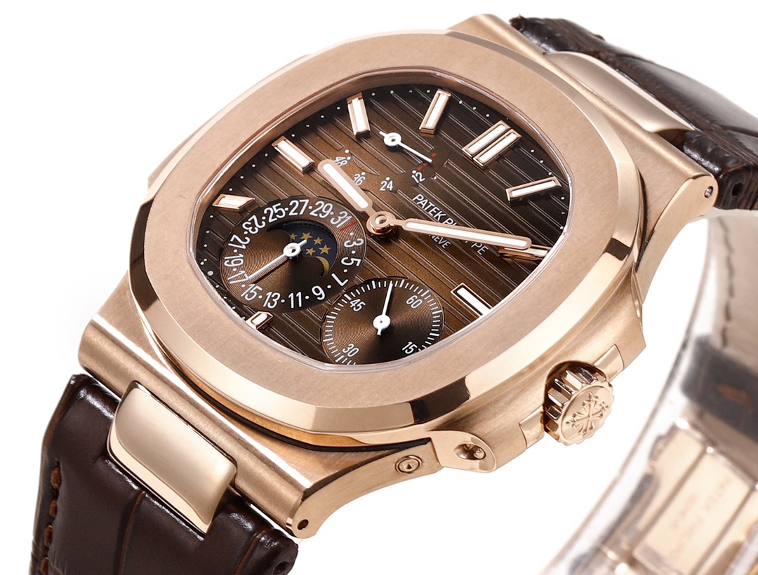 【Super Clone】Patek Philippe Nautilus Moon Phases Rose & White Gold Slate Brown Dial 5712GR 001