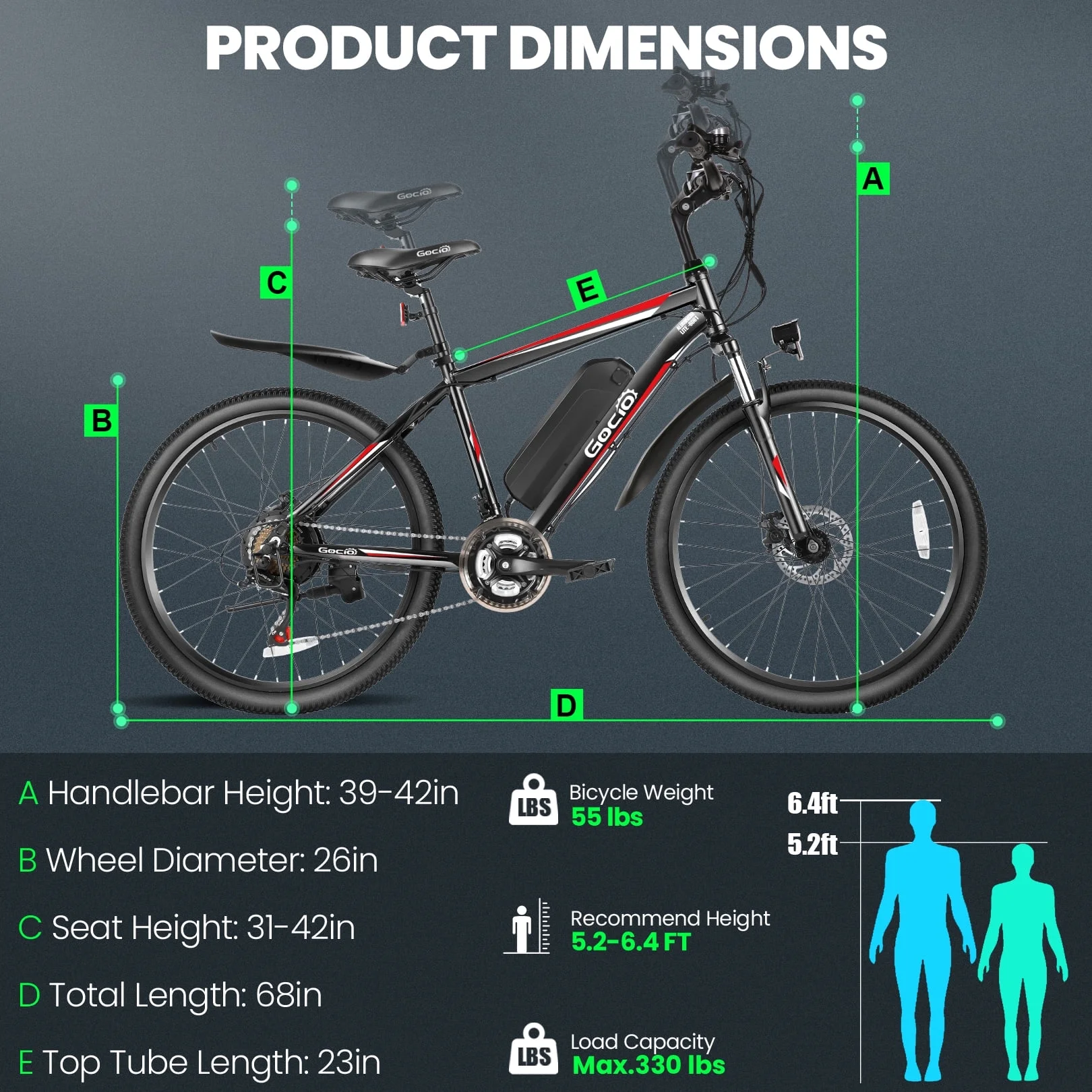 Gocio 26in Electric Mountain Bike, 500W, 48V 375Wh, 21-Speed