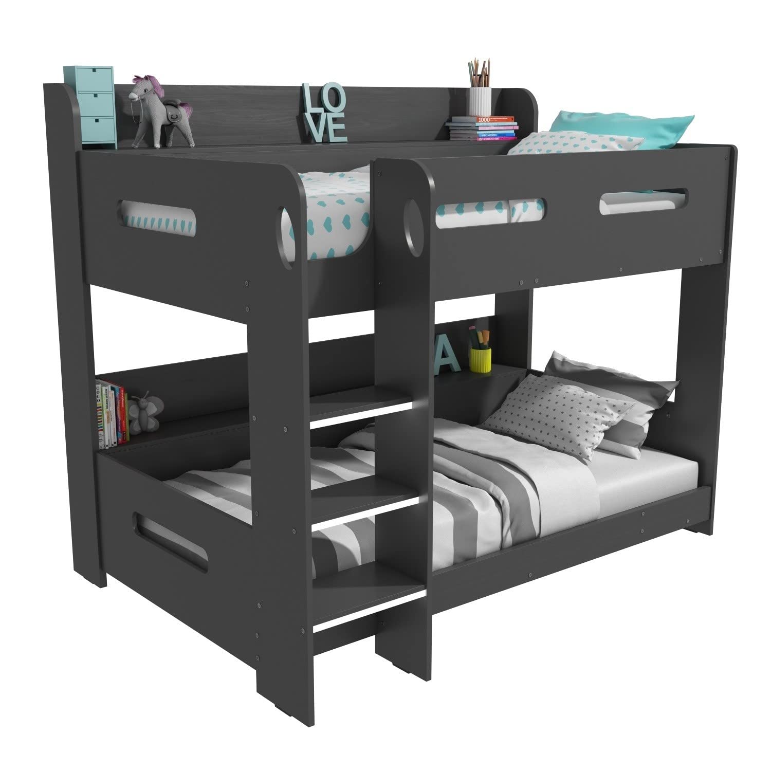 Dark Grey Bunk Bed with Storage Shelves - Ladder Can Be Fitted