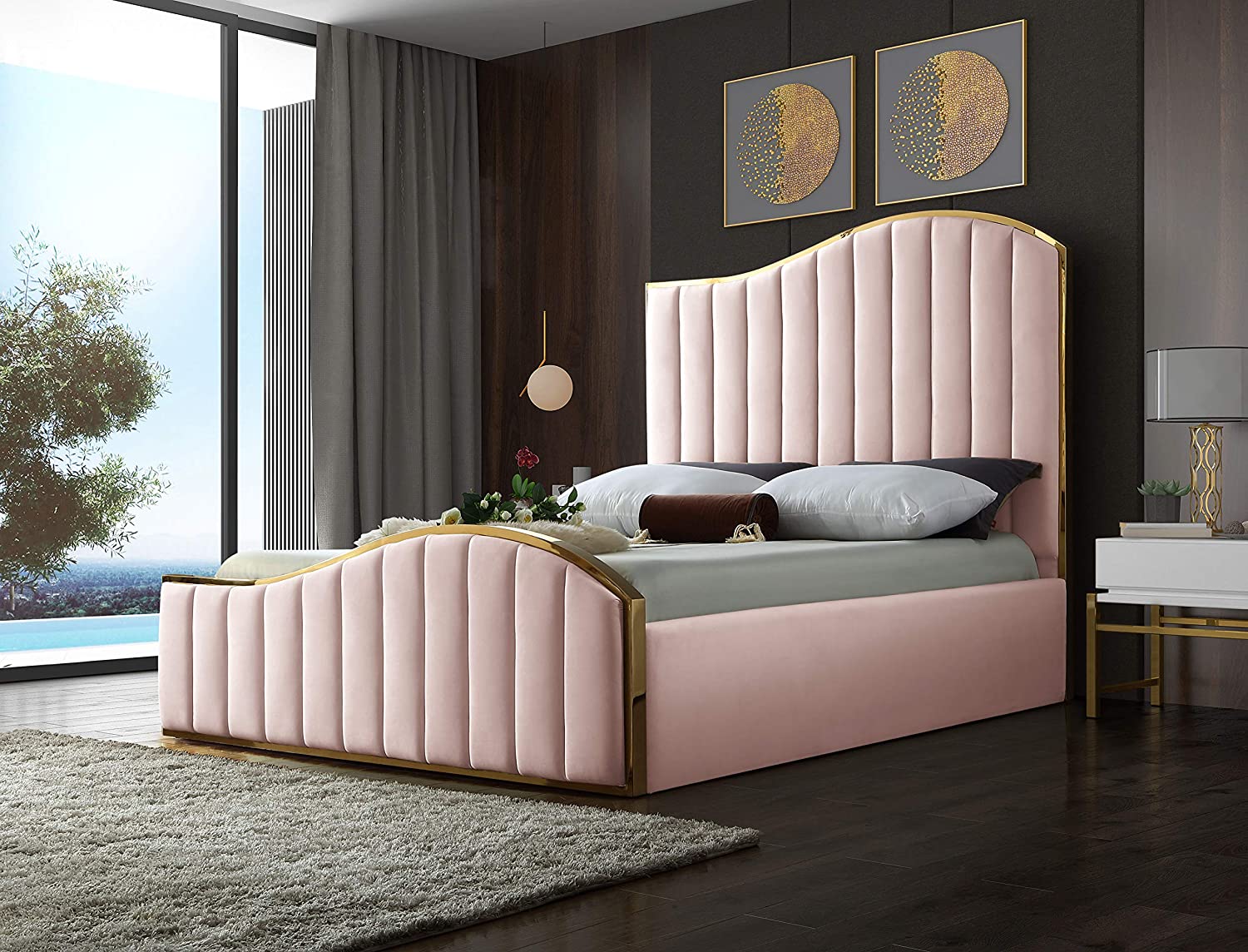 Contemporary Velvet Upholstered Bed With Channel Tufting &