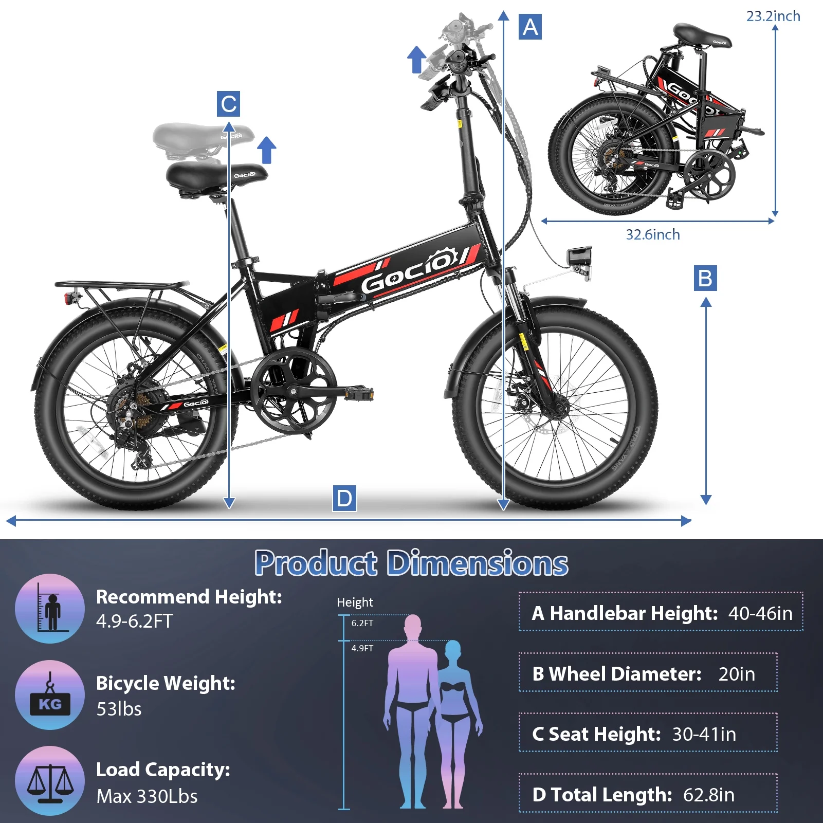 Gocio 20in Folding Electric Mountain Bike, 750W Peak, 48V 375Wh