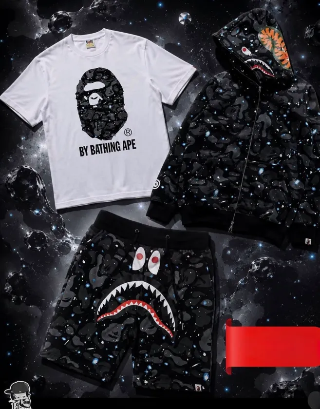 BAPE T-Shirt + Color Camo Shark Zip Hoodie Black + BAPE Space Camo Shark Sweat Shorts