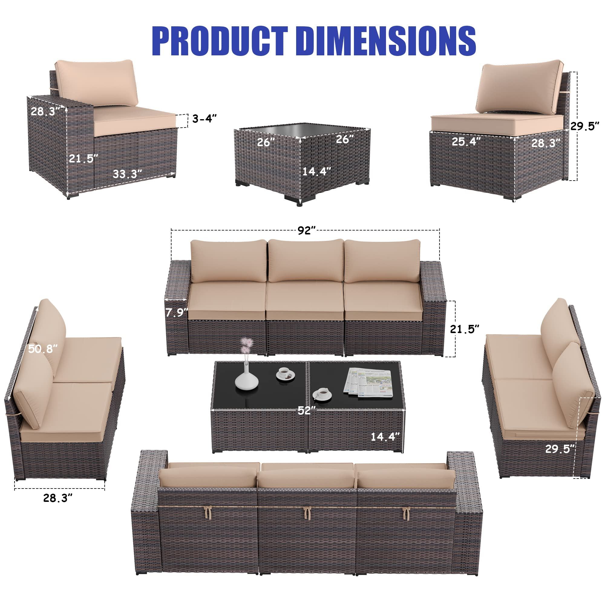 12 Pcs Patio Furniture Set Sectional Sofa Sets Brown PE
