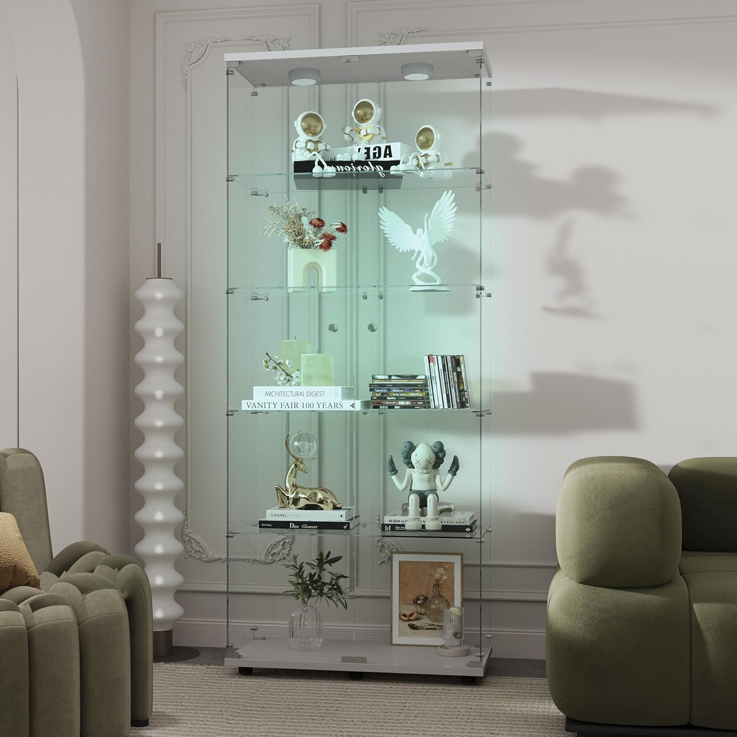 QIHAI Glass Display Case with Lights,Tempered Glass Curio Cabinets with Glass Doors and Lock,Glass Display Cabinet for Bedroom, Living Room,Kitchen (White, 2 Door-5 Tier)
