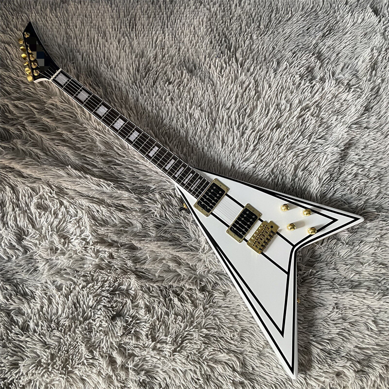 White with Pinstripes V Shape Electric Guitar Solid Body 6 String H-H Pickups