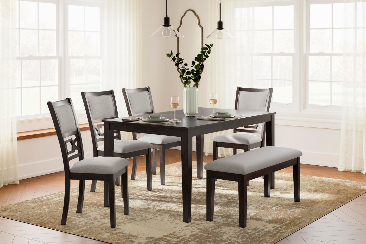 Wrenning / Langwest / Erinberg Dining Table, 4 Chairs and Bench (Set of 6)