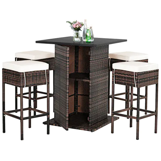 Patiojoy 5PCS Patio Rattan Bar Table Stool Set Hidden Storage