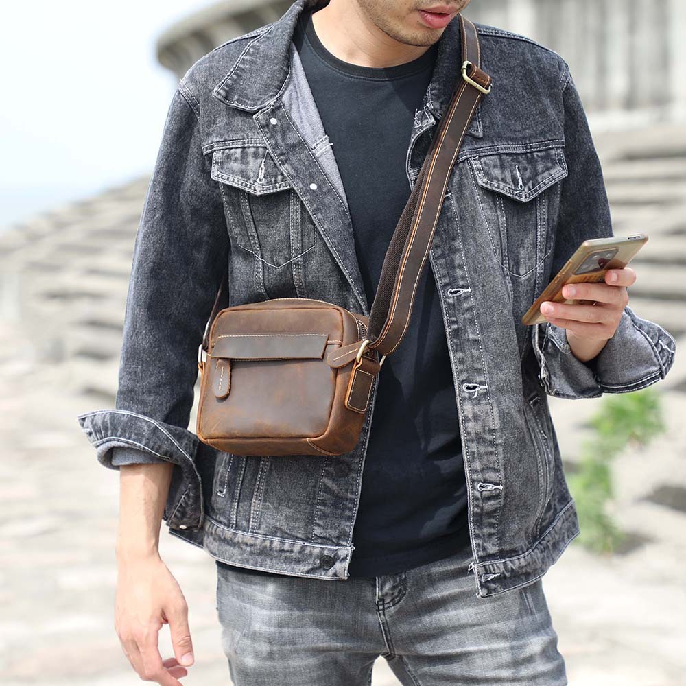 Vintage Full-Grain Leather Crossbody Bag - Compact Utility for the Urban Explorer