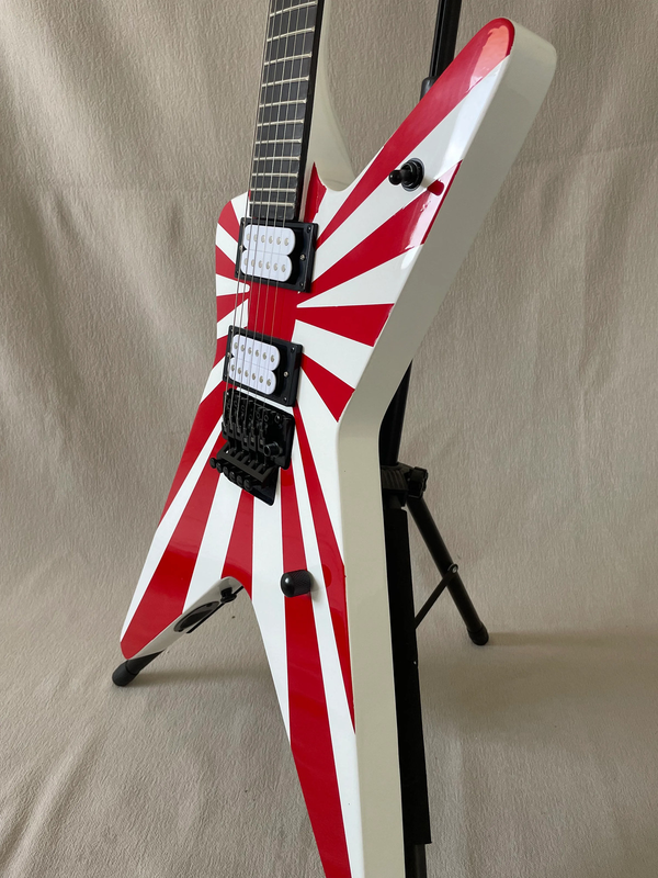 Customized 6-String V-Shaped Painted Electric Guitar, Red Stripe, White Paint