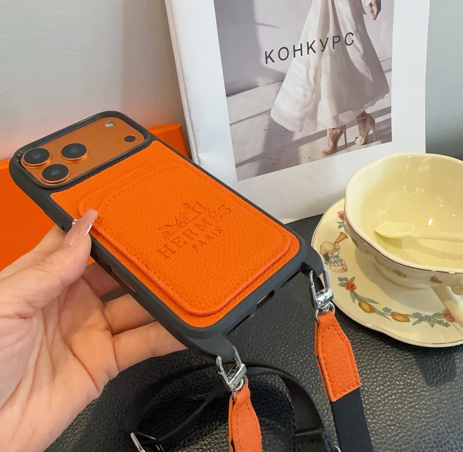 Hermès Paris Embossed Leather Card Pocket Crossbody Luxury Phone Case