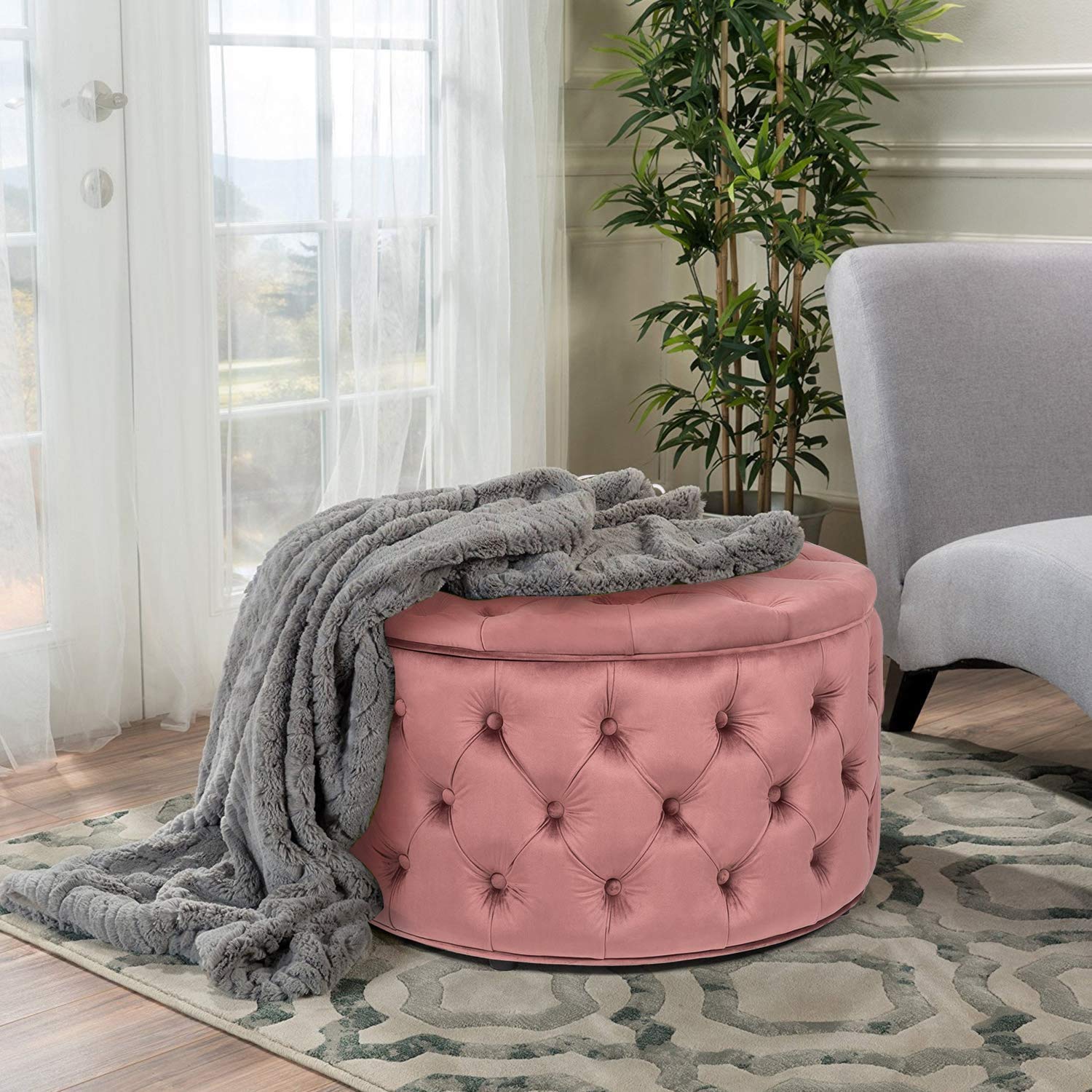 Homebeez Round Velvet Storage Ottoman