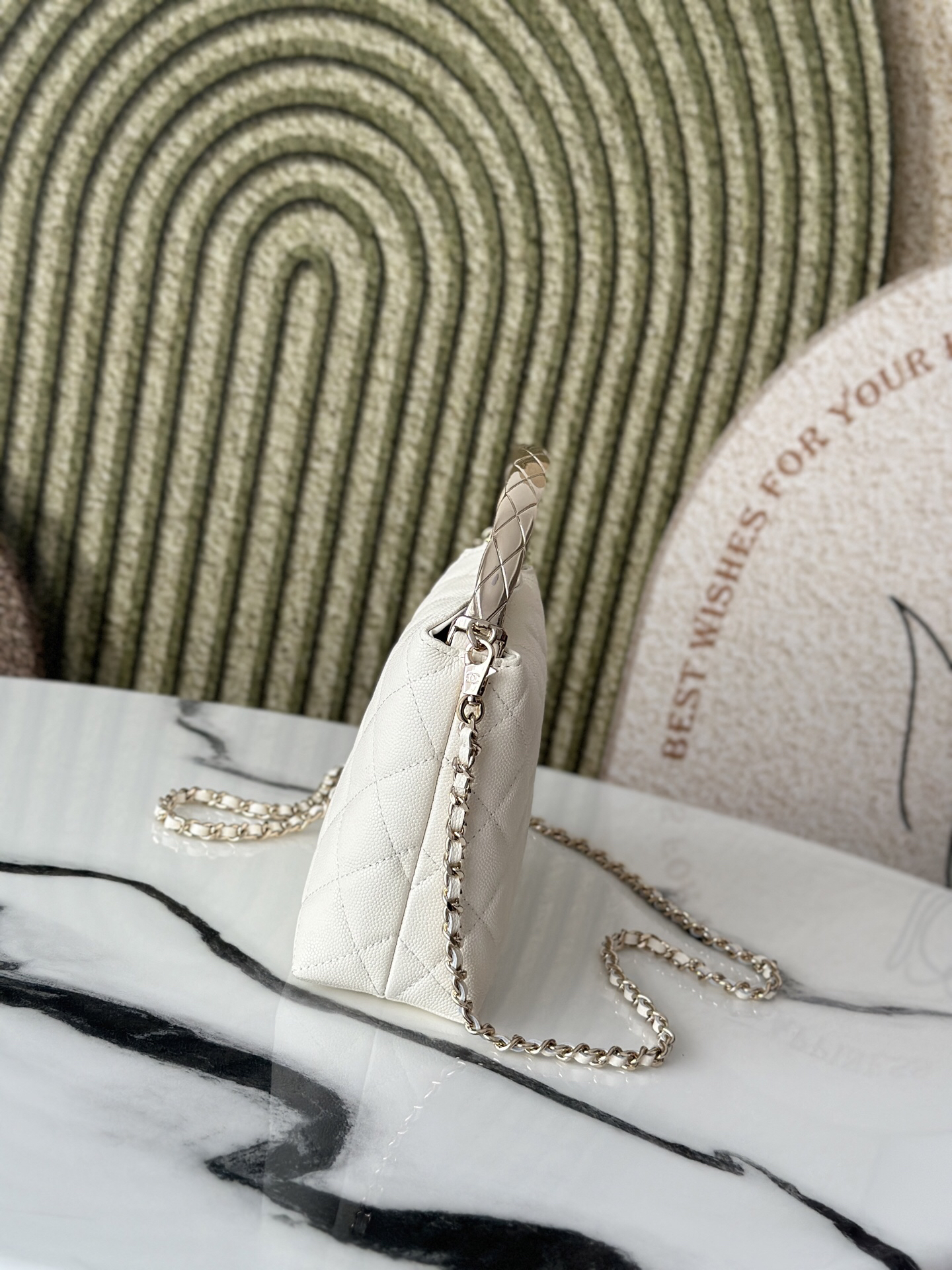 Chanel Quilted Caviar Metal Top Handle Clutch with Chain White Gold Hardware